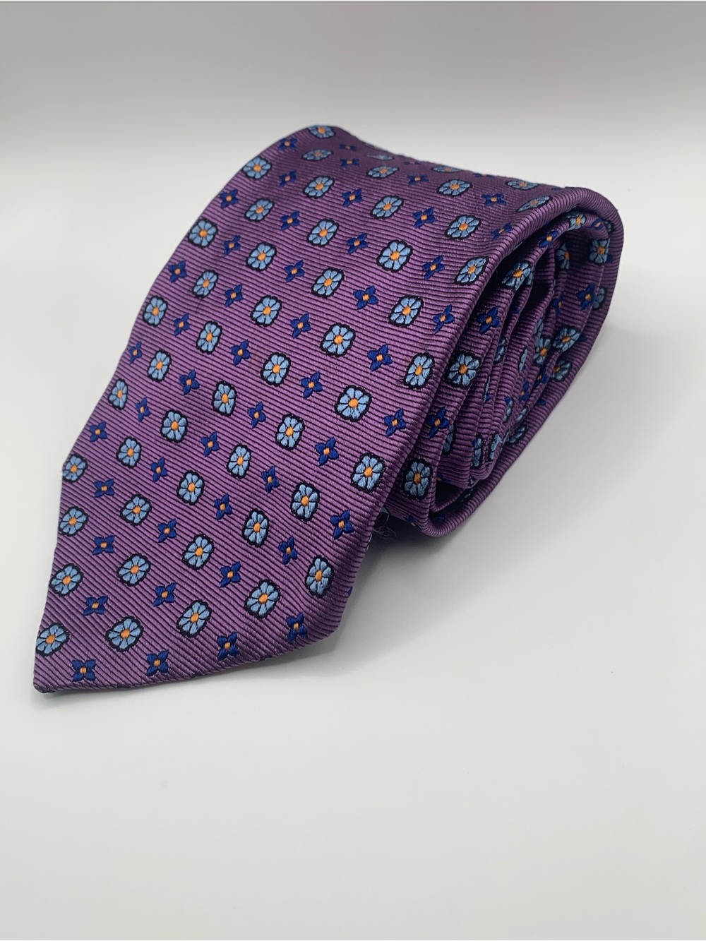 Brooks Brothers Purple Silk Tie with Light Blue Floral Medallions